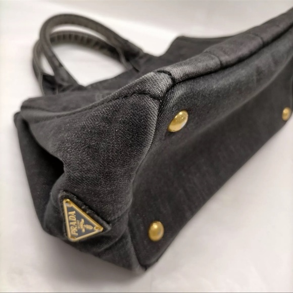 AUTH PRADA Canapa Handbag Tote Black Denim - Picture 7 of 10